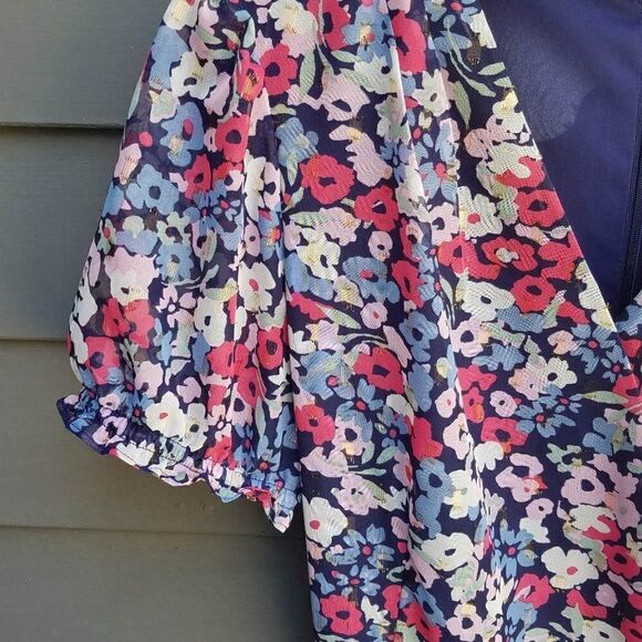 NWT Tahari Navy Floral Faux Wrap Dress with Tie and Ruffles Size 14 - Picture 7 of 13